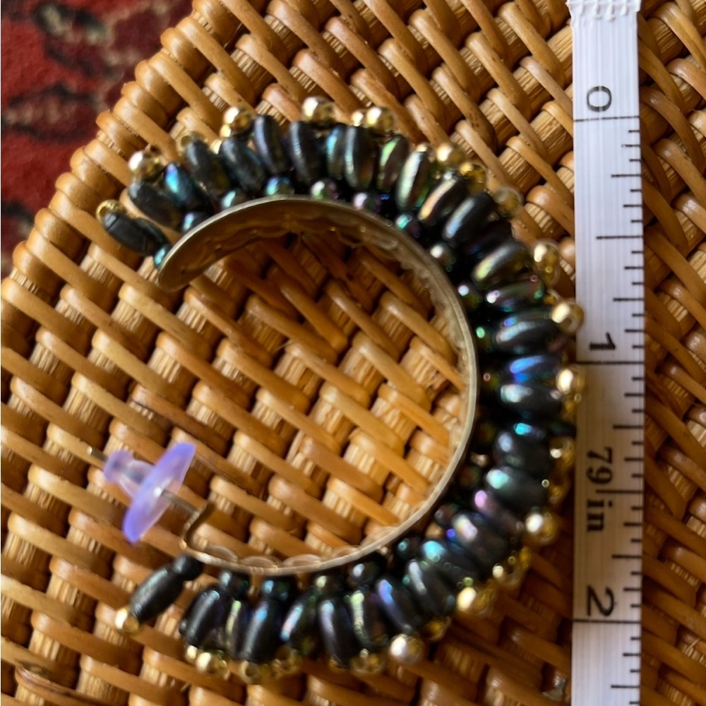 Vintage Statement Openwork Beaded AB Gold 60s 70s Disco Beaded Half Hoop Earring - Picture 7 of 9